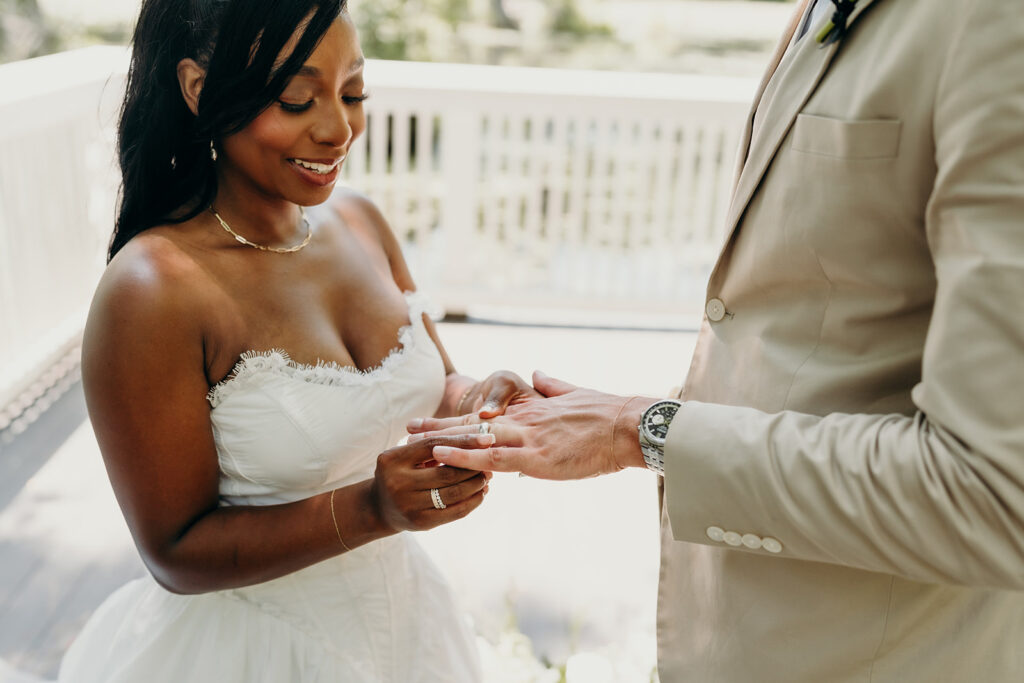 Romantic Elopement at Cypress Gardens - Ceremony by the dock exchanging rings