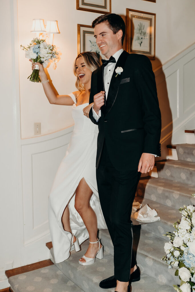 Summer wedding ceremony vintage reception decor couple entering reception on stairs