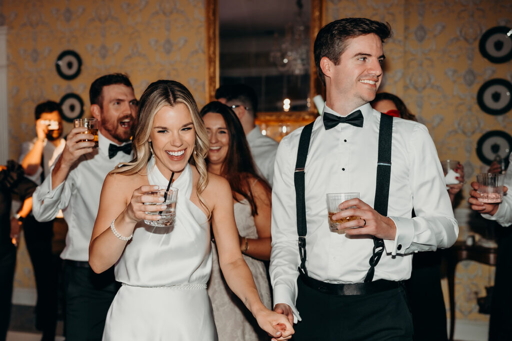 Summer wedding reception dance floor party with dj
