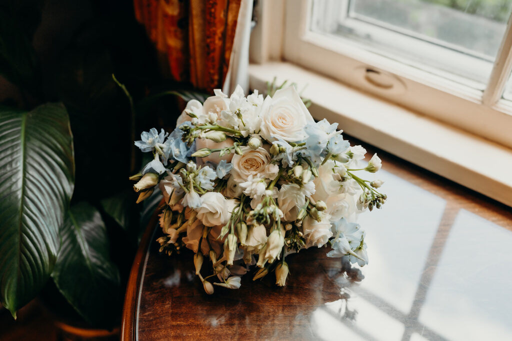 Getting ready photos of bride's bouquet 