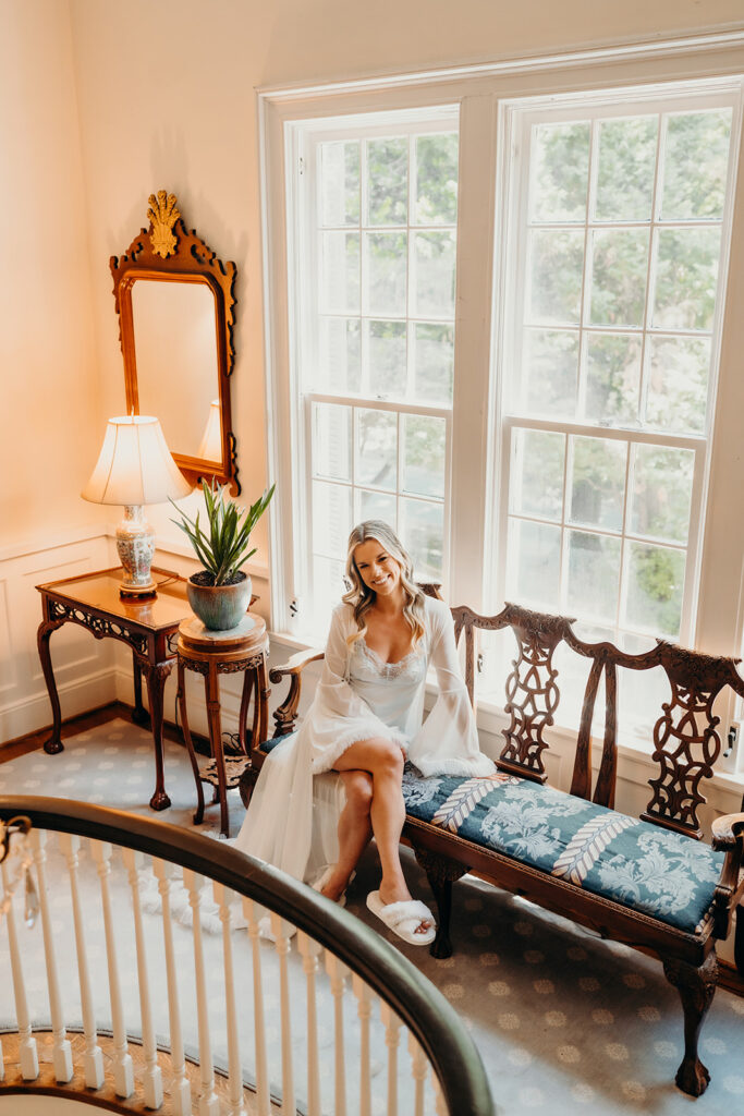 getting ready photos with bride on stairwell