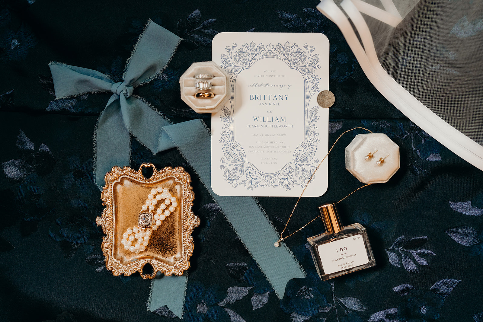 Getting Ready Photos with Classic Blue Invitations
