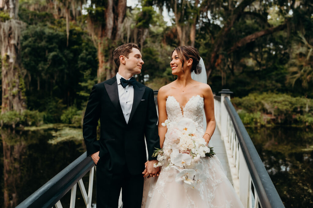 couples portraits around the gardens and under the oak trees