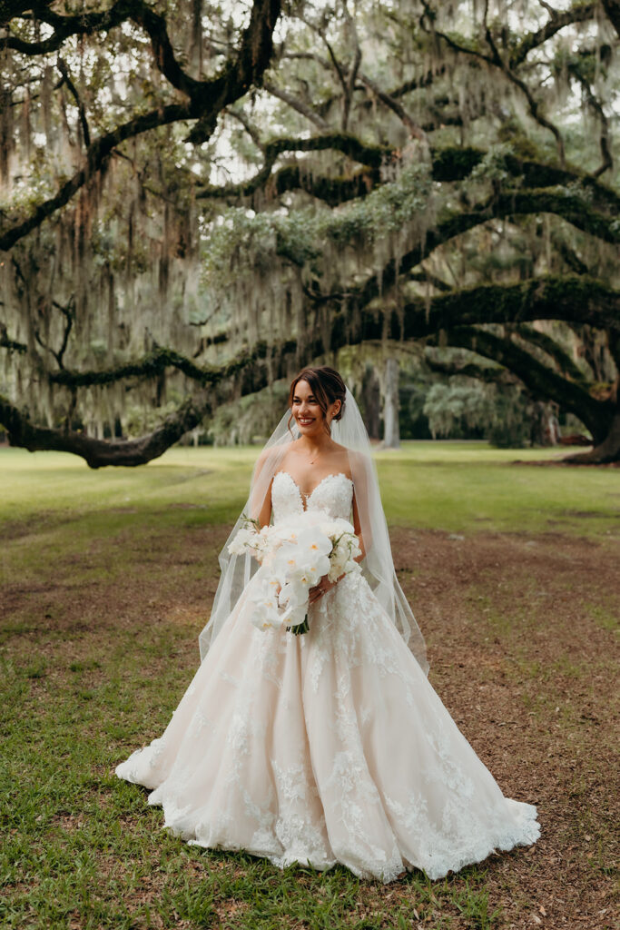 bridal portraits around the gardens and under the oak trees