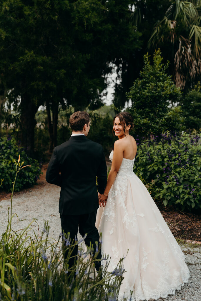 couples portraits around the gardens and under the oak trees