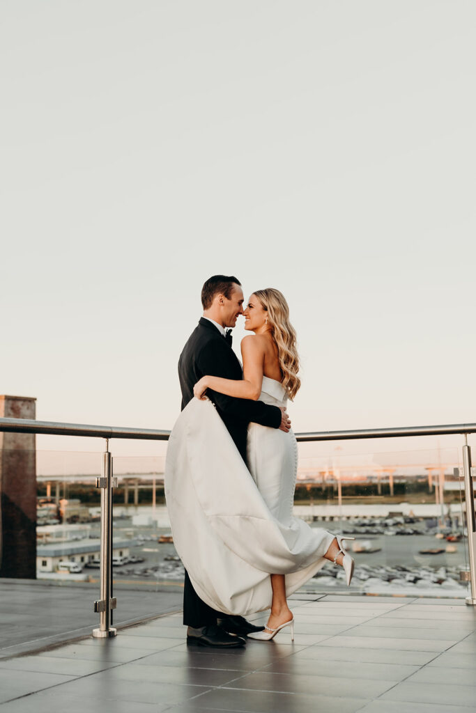 wedding reception at the cedar room couples golden hour portraits on the rooftop