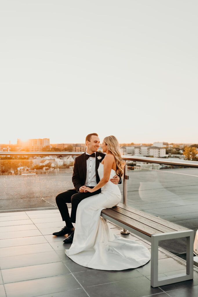 wedding reception at the cedar room couples golden hour portraits on the rooftop