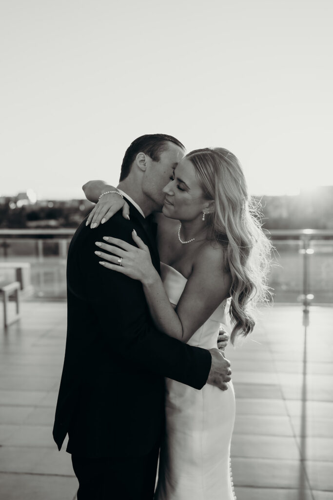 wedding reception at the cedar room couples golden hour portraits on the rooftop