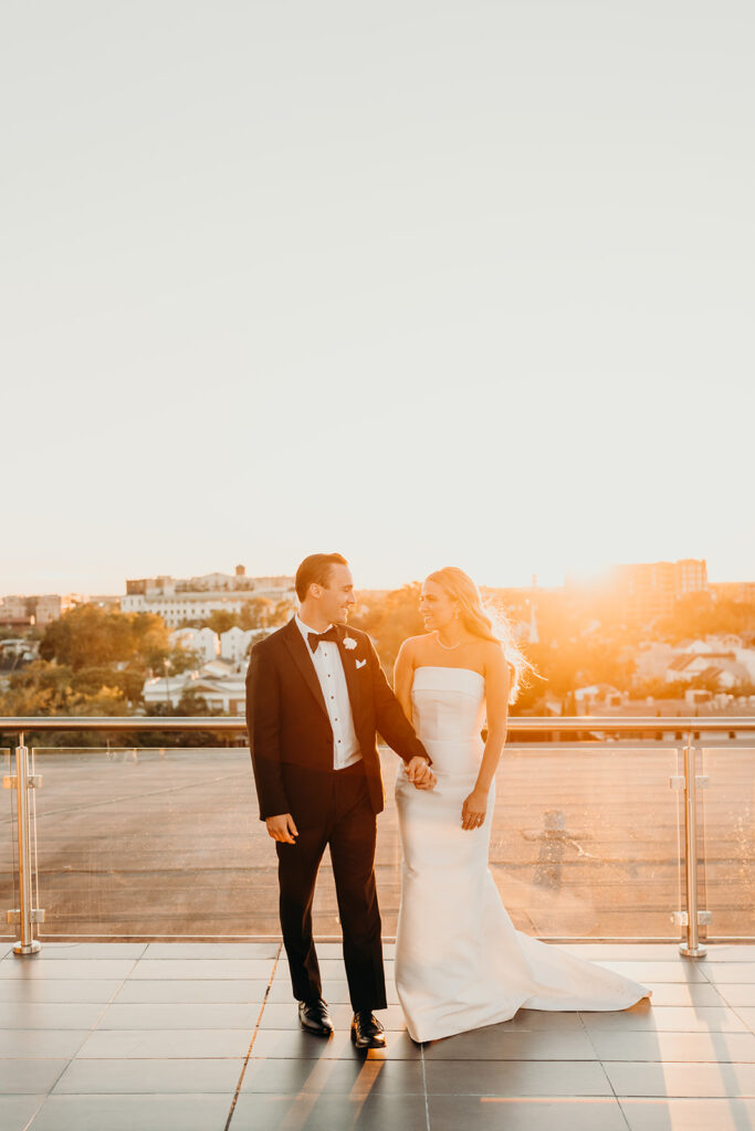 wedding reception at the cedar room couples golden hour portraits on the rooftop