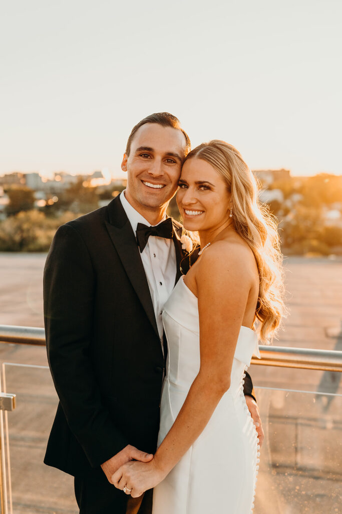 wedding reception at the cedar room couples golden hour portraits on the rooftop