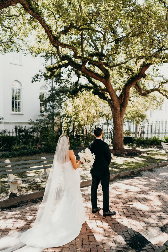 bride and groom first look
