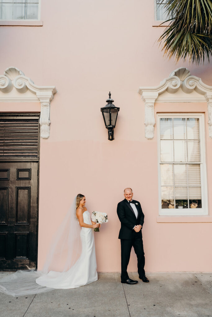 bride and dad first look outside