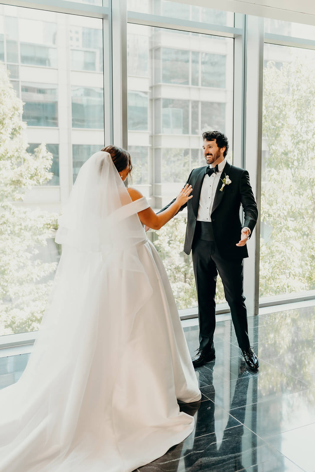 bride and groom first look at Founders Hall Charlotte