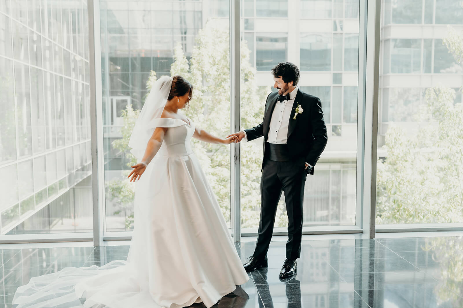 bride and groom first look at Founders Hall Charlotte