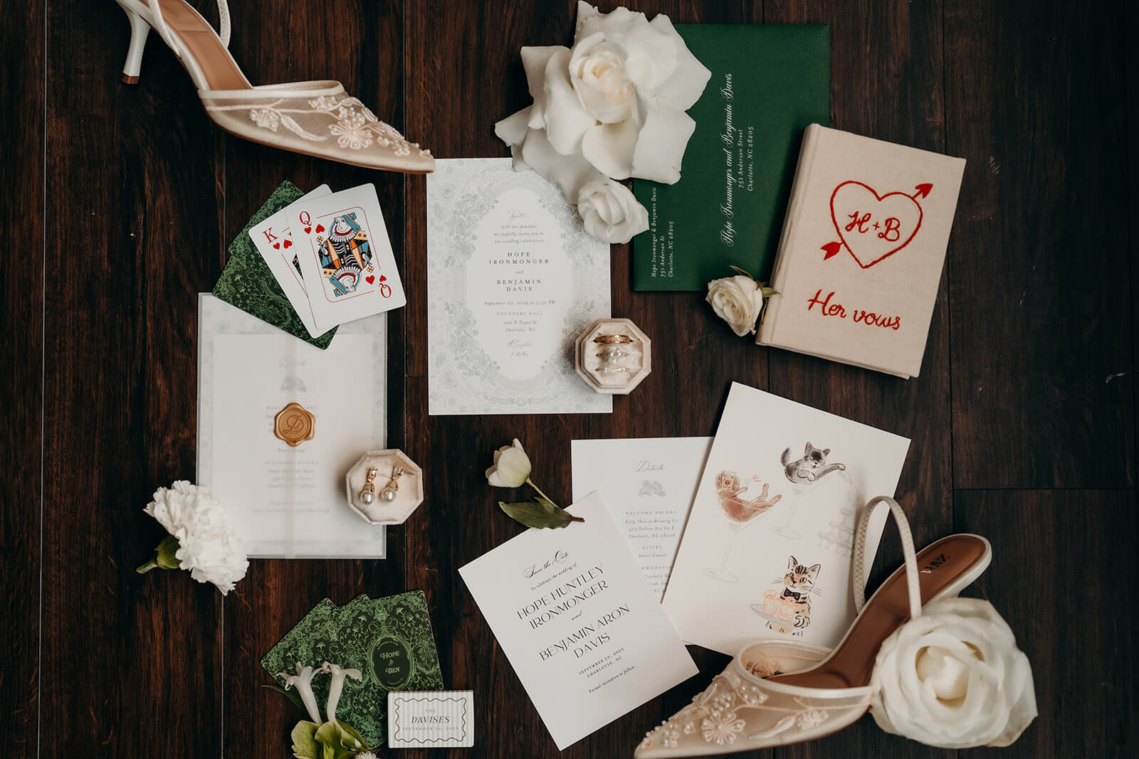 bridal wedding details laid out on a wood background