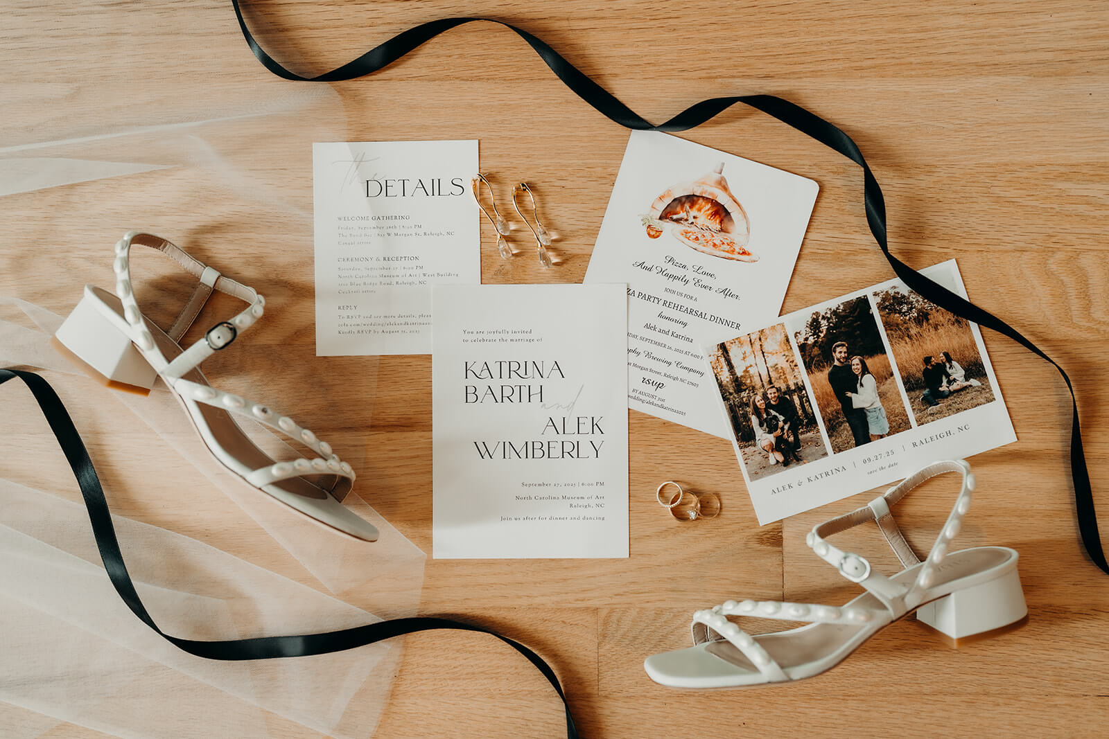 bridal detail photos of invitations, shoes, and jewelry on a wood background