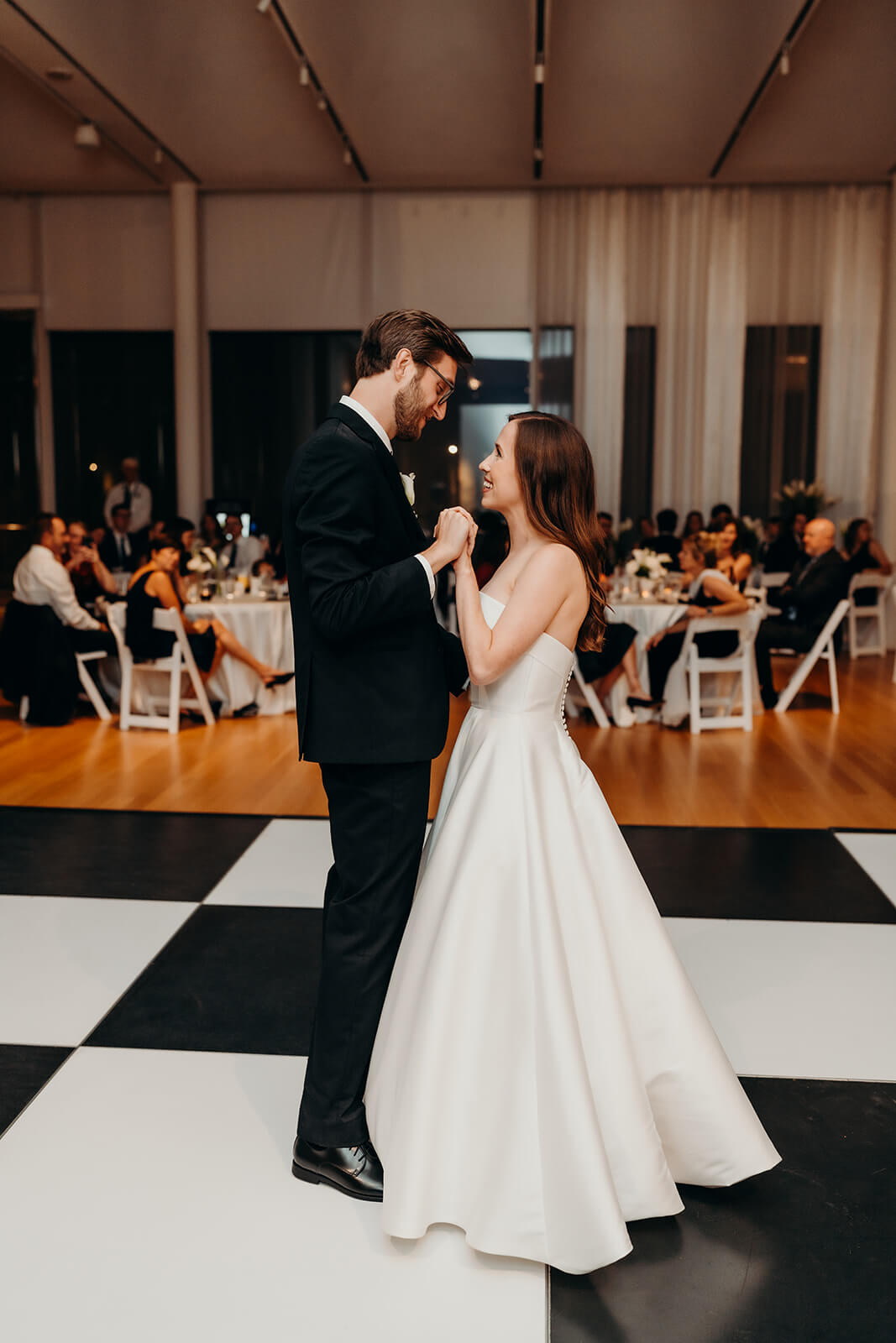 bride and groom NCMA wedding photos on dance floor